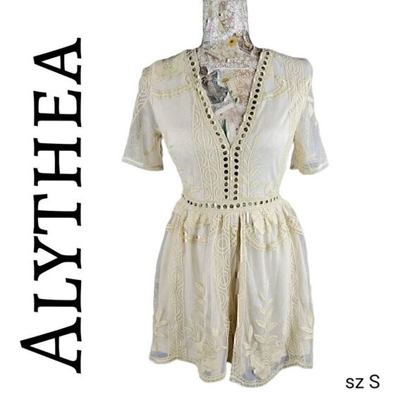 Alythea Sheer Embroidered Neutral Feminine Cottagecore Dress Shorts Romper - Picture 1 of 10